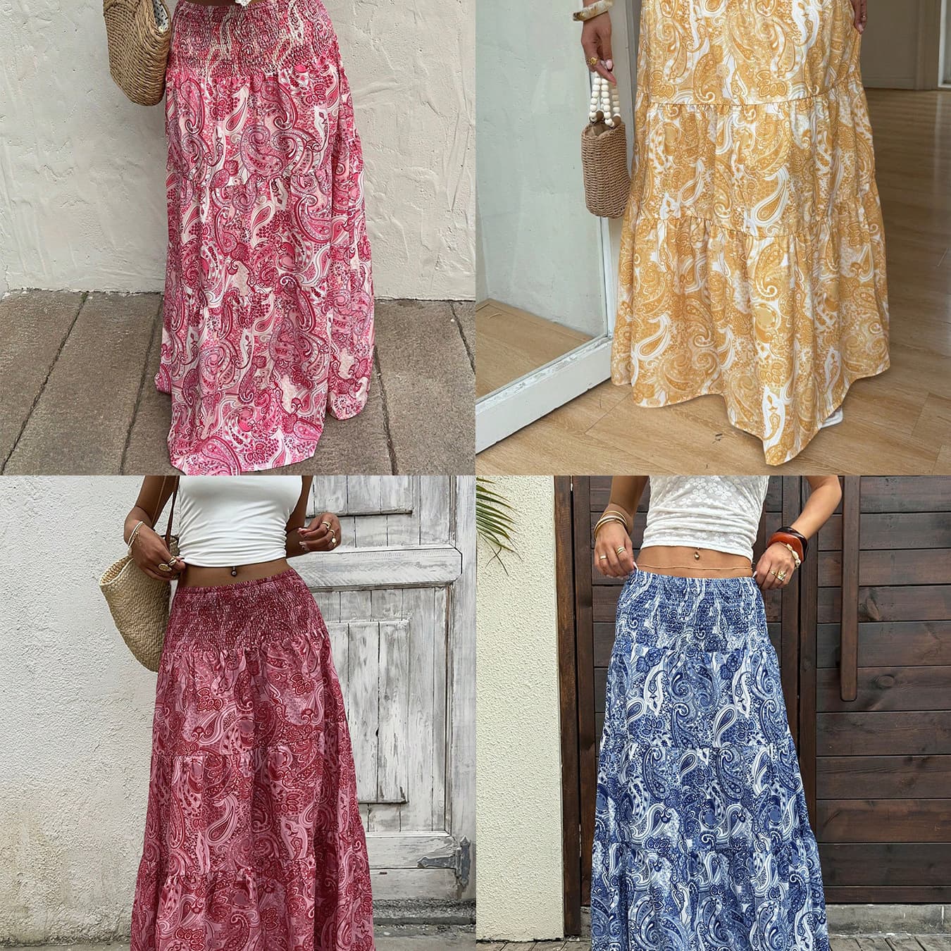 2025 Cross-border TIKTOK AliExpress Vacation Style Retro Print Elastic Waist Long Skirt High Waist