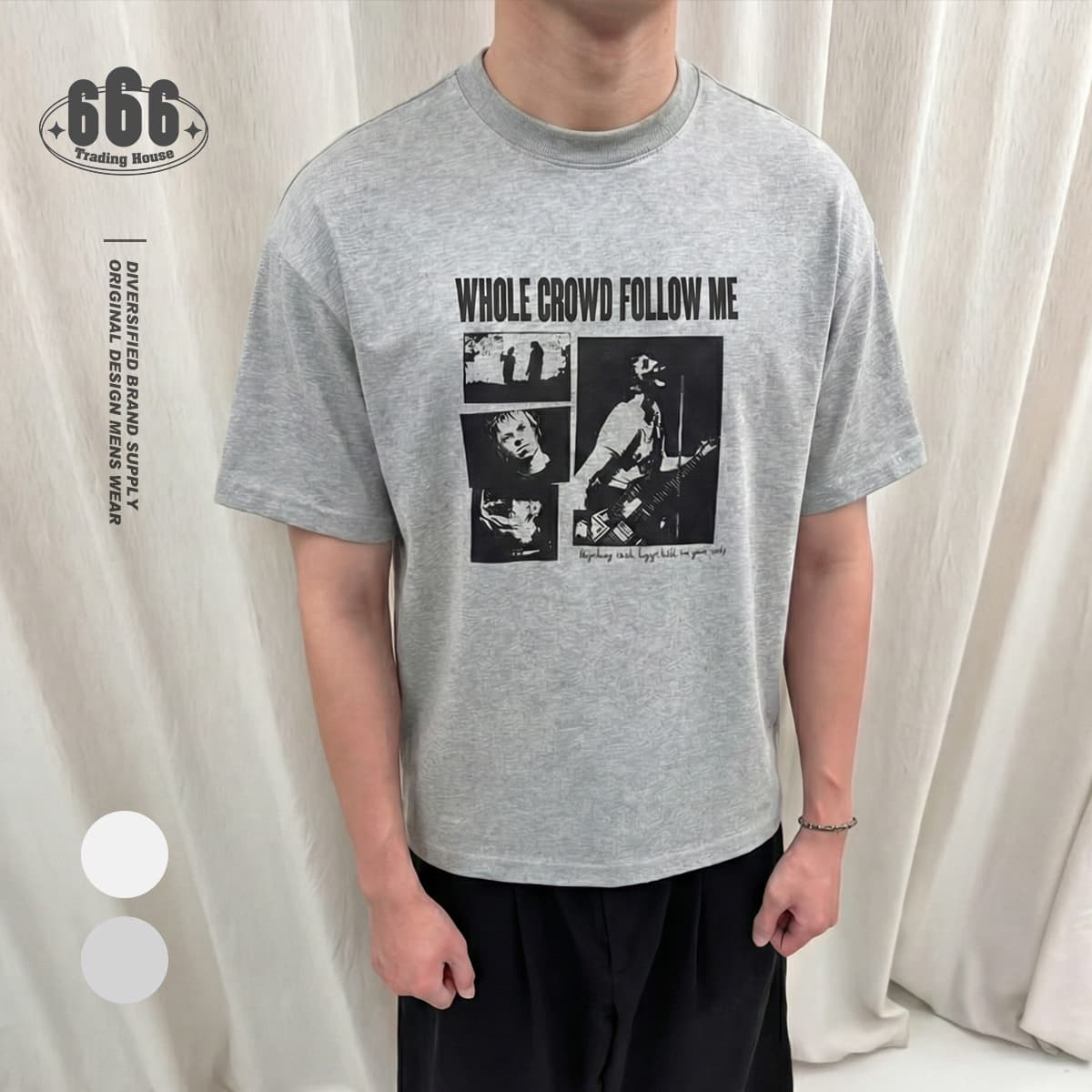 ARBENDO American vintage street style ROCK print gray loose short sleeve T-shirt T1433
