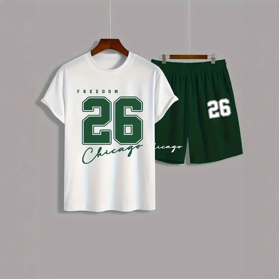 Men's Short Sleeve T-Shirt Set Summer New 26 Jersey Fashion Trendy Sports Two-Piece Set