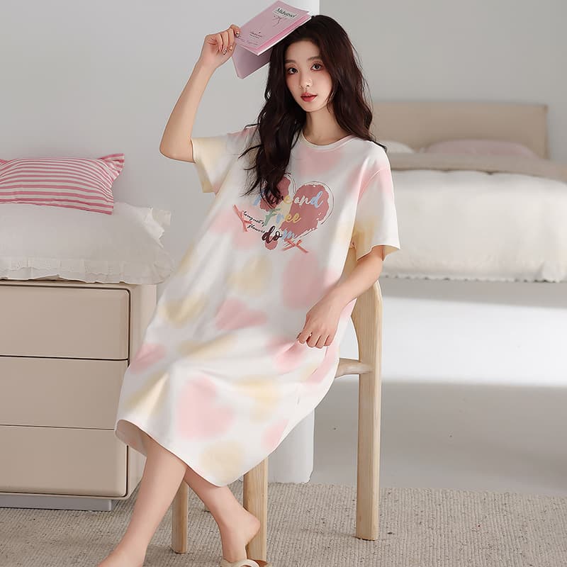New Summer Thin Cotton Sleep Dress for Women, Short Sleeve, Cartoon Print, Casual Plus Size, Pure Cotton, Wearable Outside, Homewear