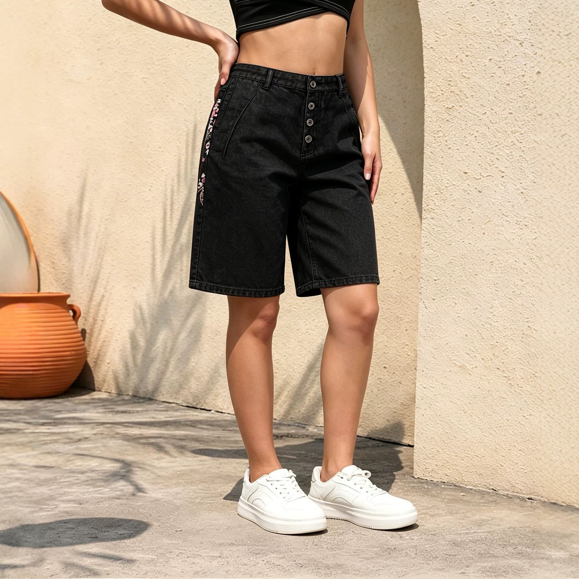 Cross-border Amazon Black Washed Denim Jeans Women's Button-Front Straight Mid-Length Casual Versatile Back Pocket Embroidered Capri Pants
