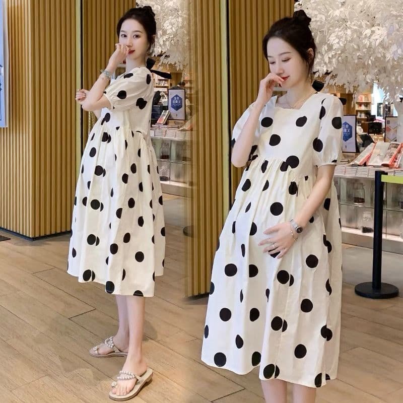 Fashionable Loose Long Pregnancy Dress Polka Dot T-shirt Summer Clothes Women Short Sleeve Fiber Fabric