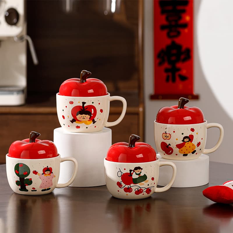 New Trendy Fortune and Joy Water Cup, High Appearance Ceramic Mug with Lid and Spoon, Souvenir Gift for New Year