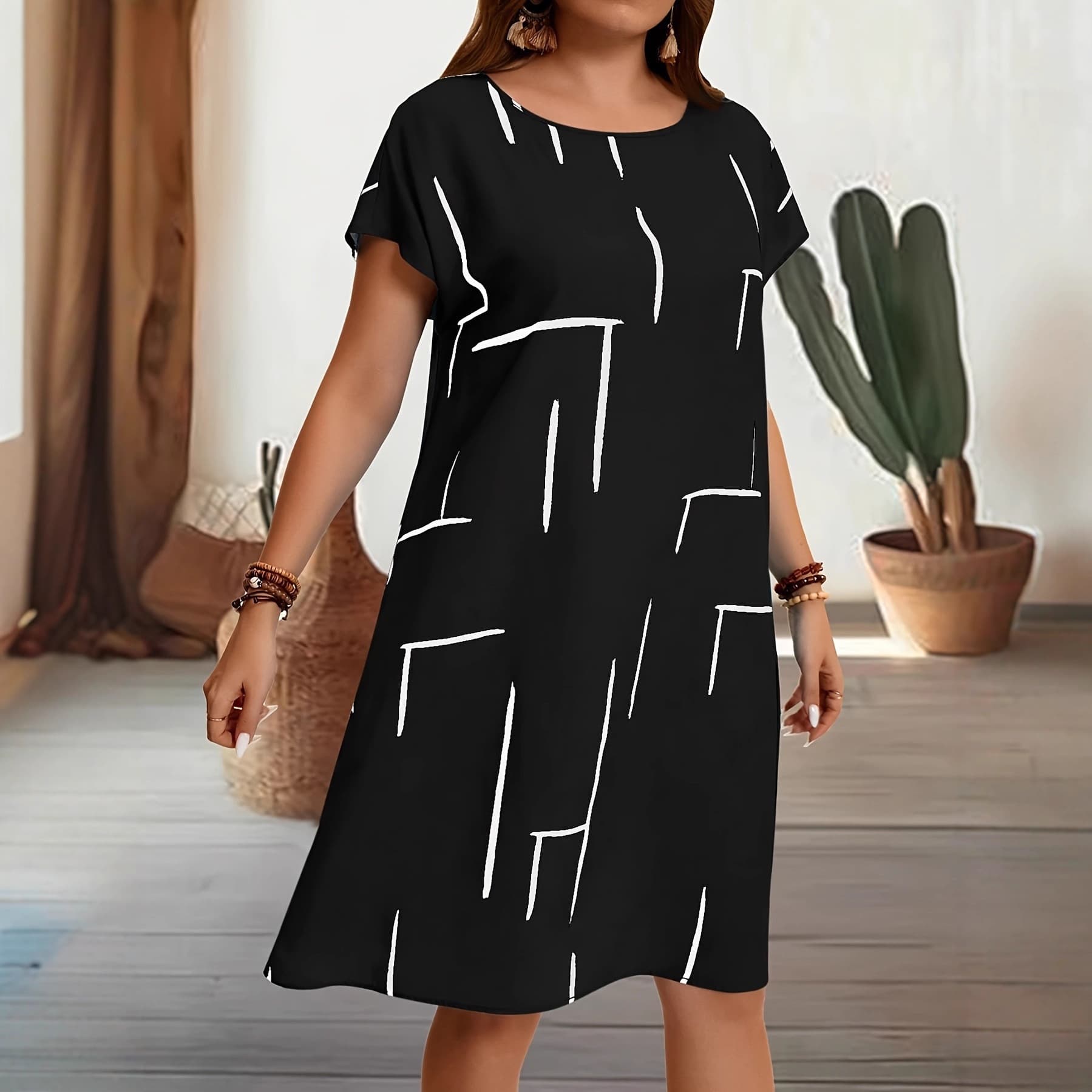 Cross-border Women's Fashion Amazon Casual Plus Size Striped Print Round Neck Short Sleeve Dress