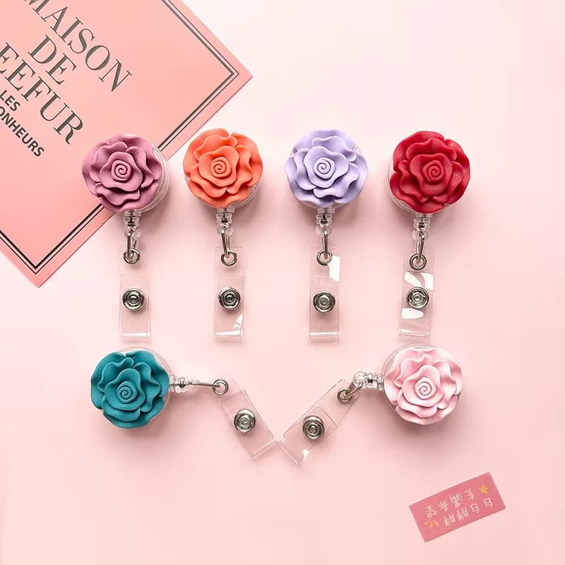 Cross-border nurse badge easy-pull buckle retractable buckle resin flower rose cartoon employee badge clip accessories