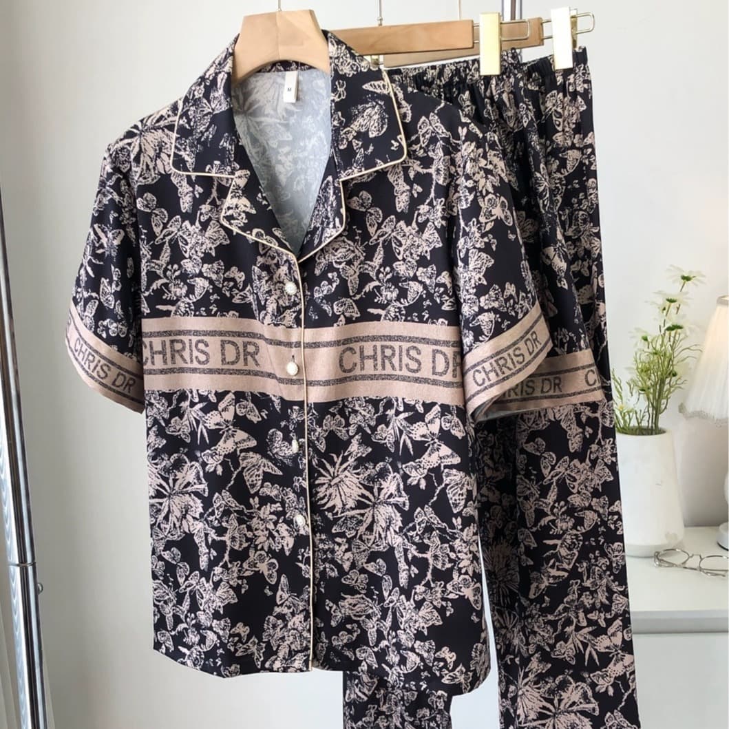 Spring Summer New Thin Pajamas Fashion High-End Letter Butterfly Print Set Long Sleeve Black Gold Couple Short Sleeve