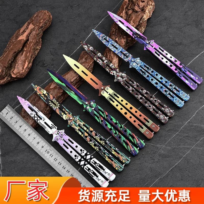 Factory Foldable Unsharpened Butterfly Practice Knife UV Print Pattern Hand Training Knife Outdoor CSGO Butterfly Knife