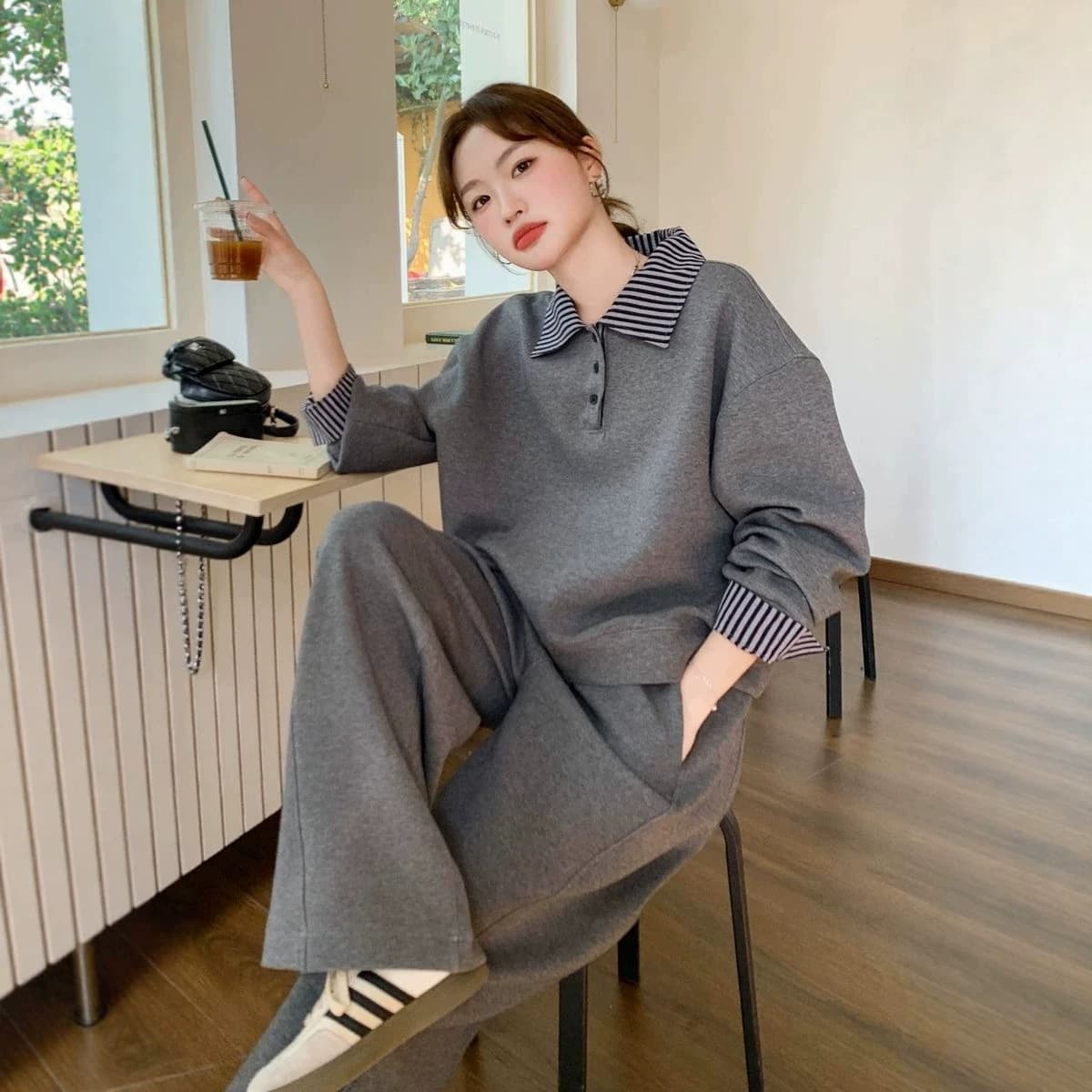 Cross-Border Fall Winter Plus Size Fashion Slimming Sport Set Women Hoodie Wide Leg Pants Casual Two-Piece Outfit Plus Size 300 lbs