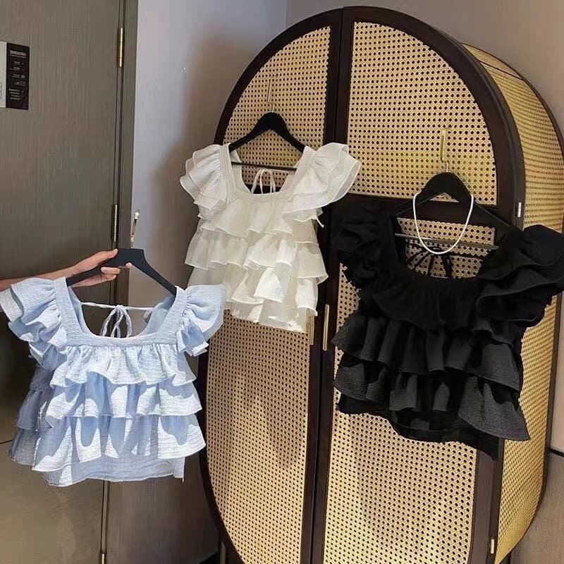 Girls Summer Top New Korean Style Solid Color Ruffle Flutter Sleeve Square Neck Shirt for Older Kids Fashion Vest
