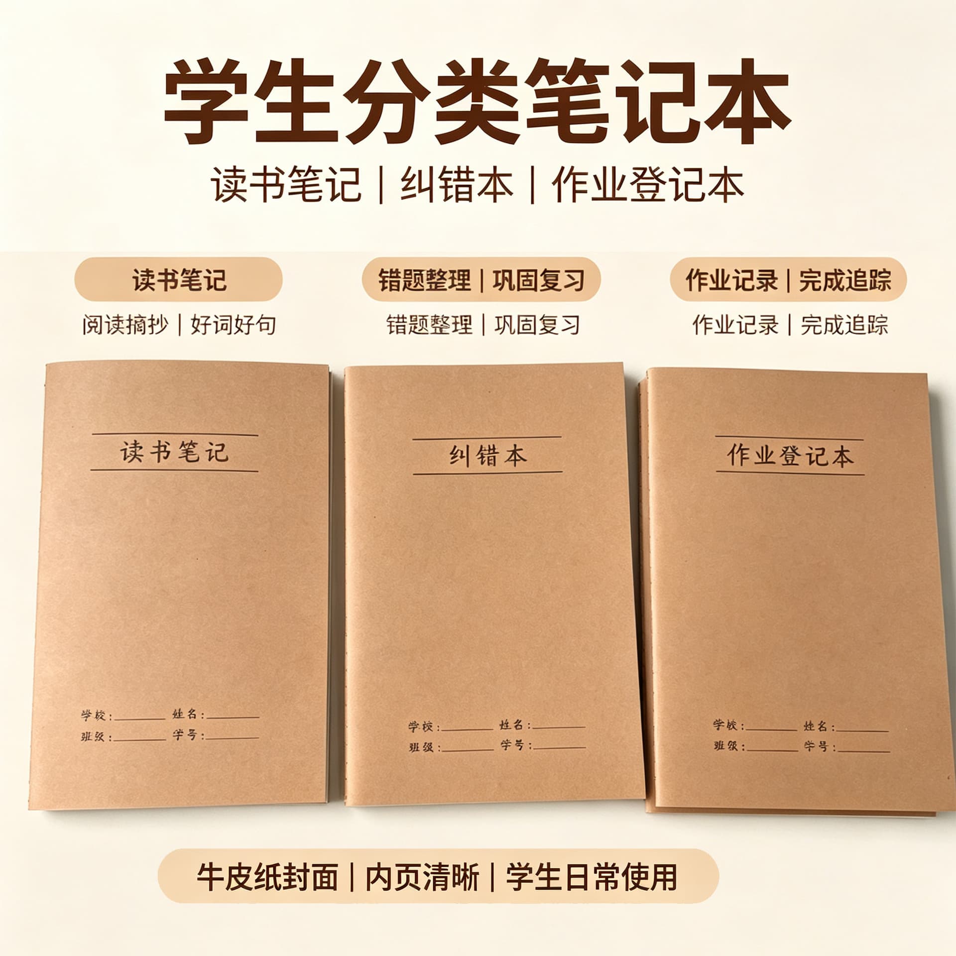 32k Reading Notes Kraft Thread-bound Notebook, Homework Register, Correction Notebook, Kraft Paper Notebook