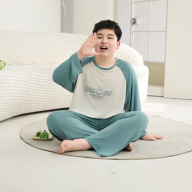 Fat Tong Spring/Summer Homewear Set for Older Children, Modal Long Sleeve and Long Pants, Thin Style, Girl's Patchwork Class A Two-Piece Set