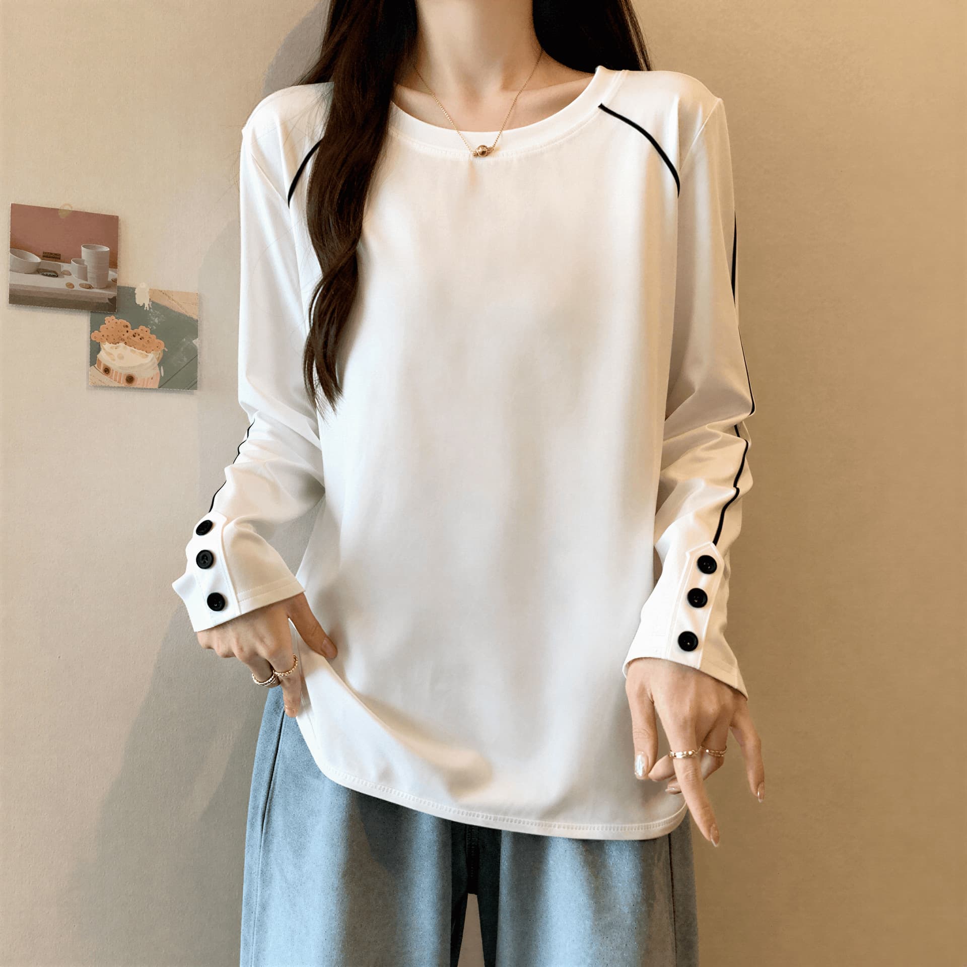 Plus Size Premium Fashion Base Tee for Women 2026 Spring New Style, Slimming & Flattering Long Sleeve Top for Curvy Figures