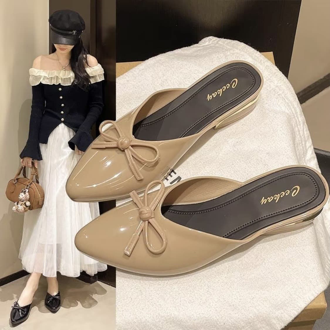 Baotou Half Slippers Women 2026 Spring Summer Simple French Style Pointed Toe Bow High Heel Sandals Half Slippers