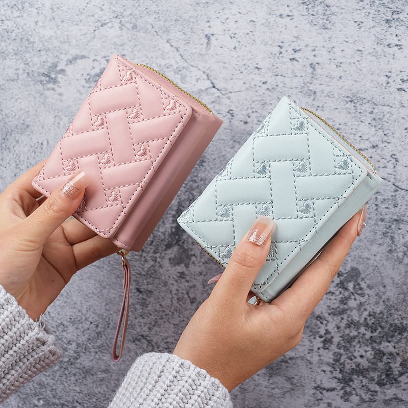 Factory new women's wallet short simple embroidered love PU coin purse multi-card slot small wallet wallet card bag