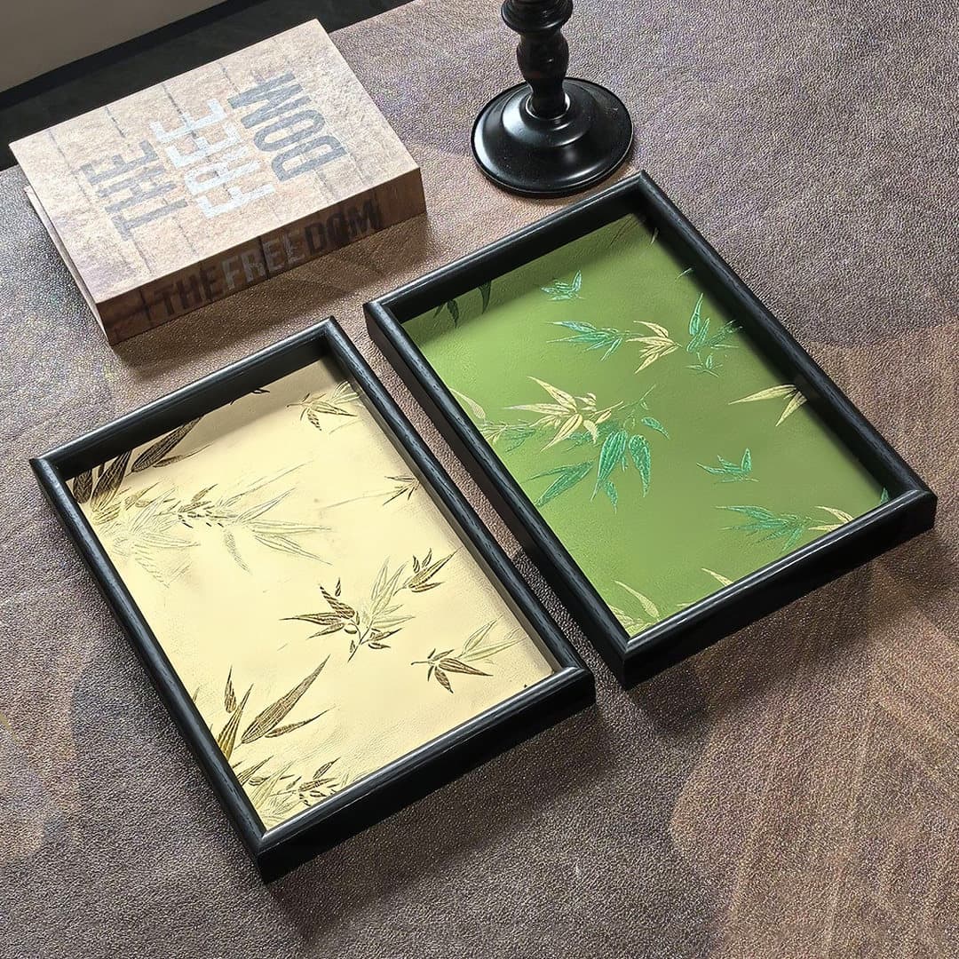 Chinese Bamboo Leaf Light Shadow Tray, Living Room Desktop Storage Wooden Organizer, Vintage High-End Collectible Tea Tray