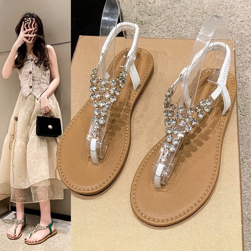 Water Diamond Buckle Toe Beach Sandals Women's Summer Elastic Band Casual Sandals Ladies Slippers round Head Rubber Outsole