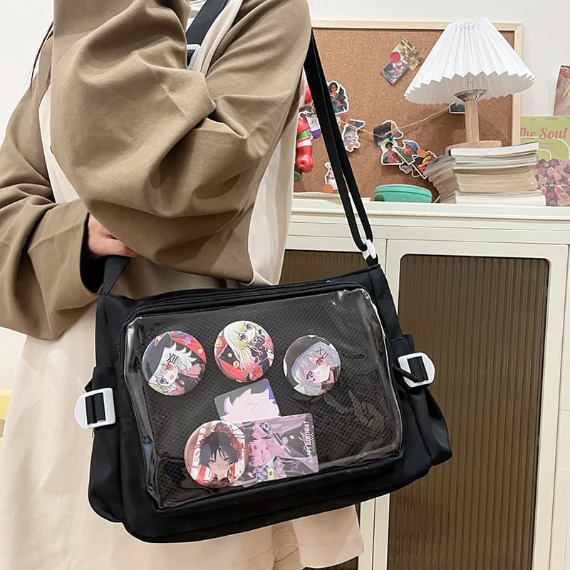 Messenger Bag for Women, College Style, Versatile, Large Capacity for Books, Crossbody Bag, Transparent Badge Display, Single Shoulder Crossbody Bag, Ita Bag