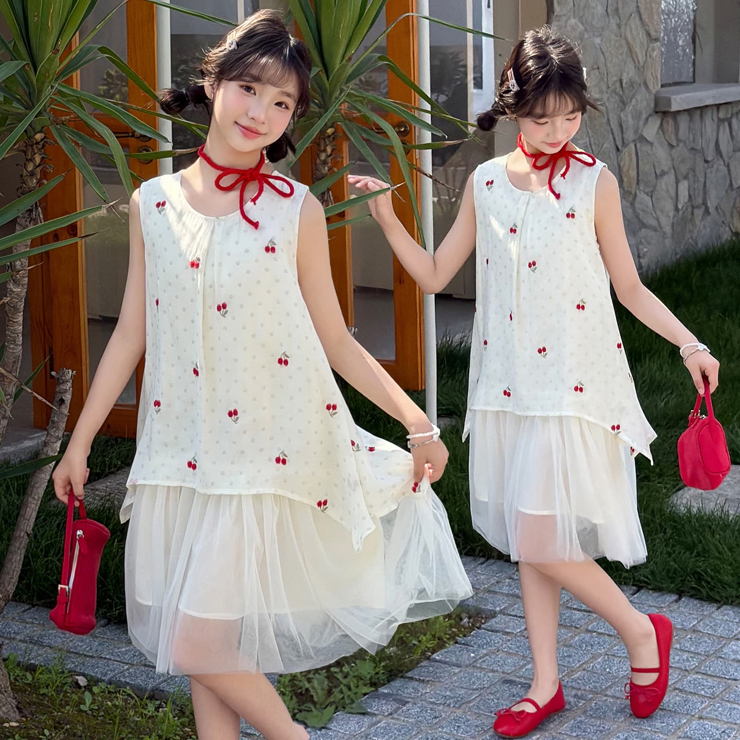 Girls Dress 2026 Summer Korean Style Kids Medium Big Girl Sweet Cherry Princess Dress Fake Two-piece Sleeveless Dress
