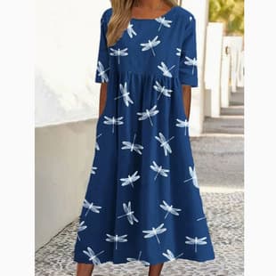 Foreign Trade Independent Station Amazon Cross-border Summer New Mid Waist Women's Casual Comfortable Round Neck 3D Print Dress