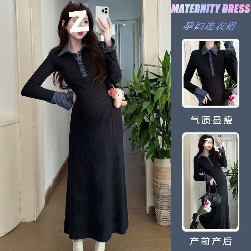 Maternity Dress for Fall/Winter, Turn-Down Collar, Stretchy, Plus Size, Conceals Belly, New Stylish and Slimming Black Dress