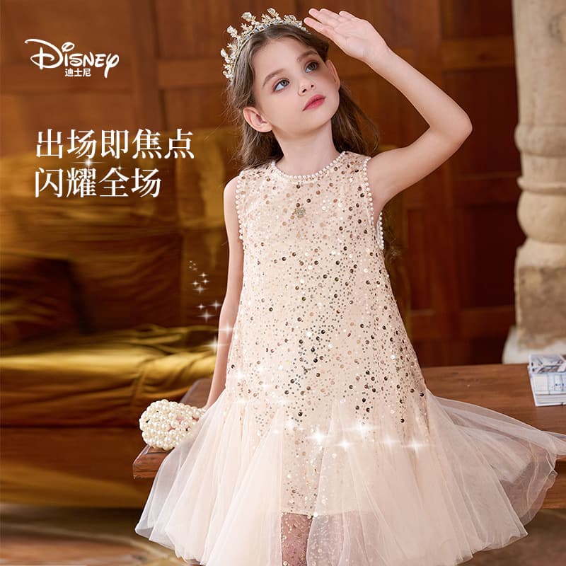 Disney Girls Princess Dress Summer Elegant Luxury New Style Children's Sleeveless Tulle Gown Kids Dress