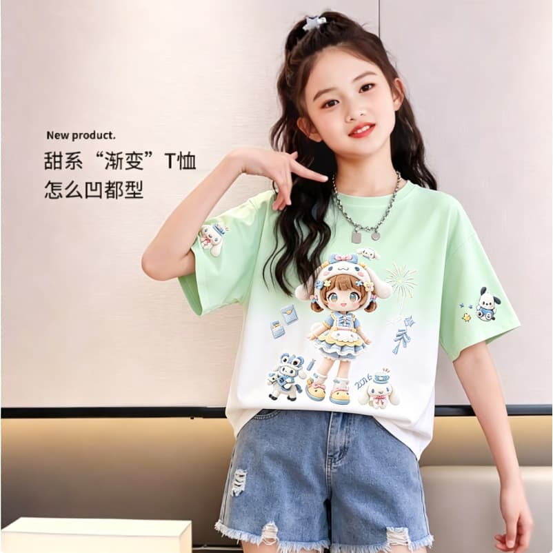Qiaonika Girls T-Shirt Summer Pure Cotton Gradient Trendy Kids Short Sleeve Cartoon Print Casual Fashion Top