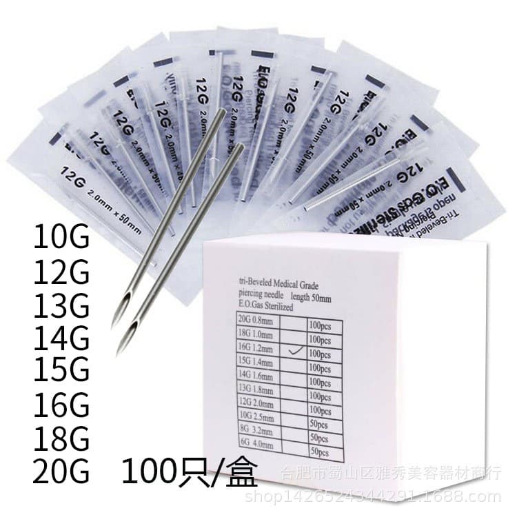 Disposable Piercing Needle Jewelry Stainless Steel Body Piercing Needle 10G to 20G 100 Pieces per Box