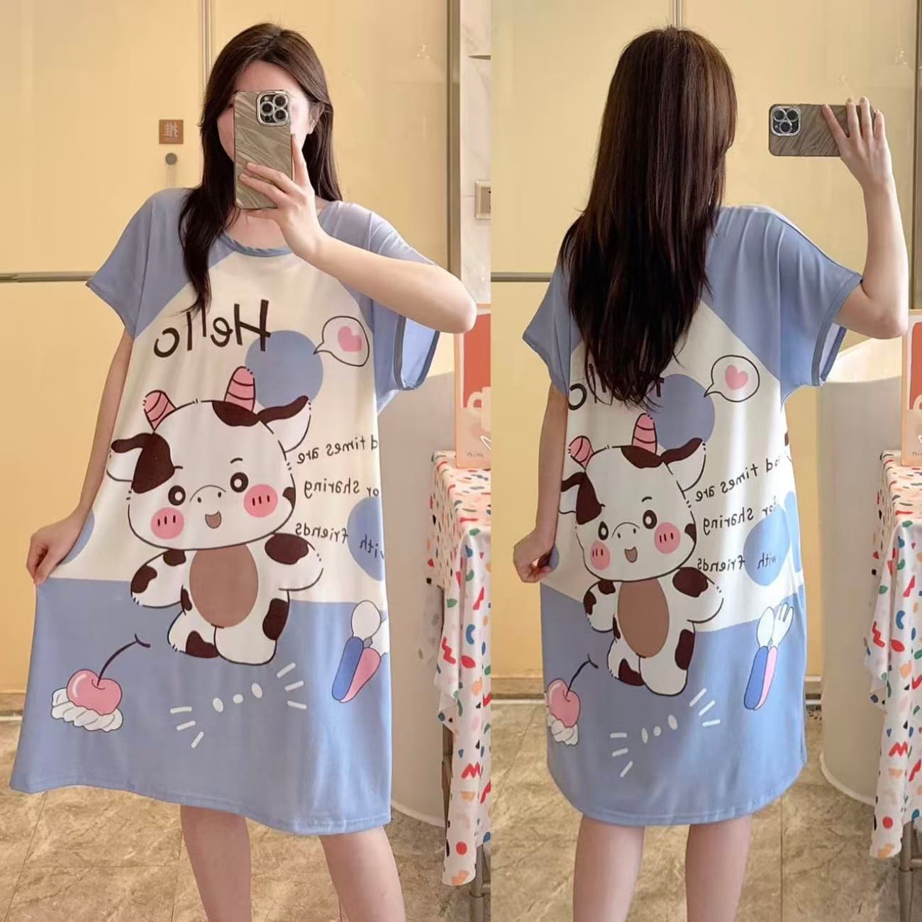 Direct Sale Plus Size Women's Loose Sleep Dress, Wearable Outside, Cotton-Like Cute Cartoon T-Shirt Dress for Summer