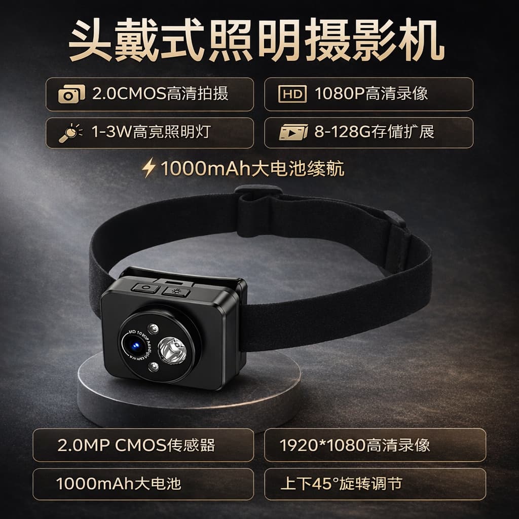 Cross-Border Outdoor Head-Mounted Lighting and Video Recording Device, High-Definition Recording Headlamp for Night Running and Cycling, Portable Wearable Model