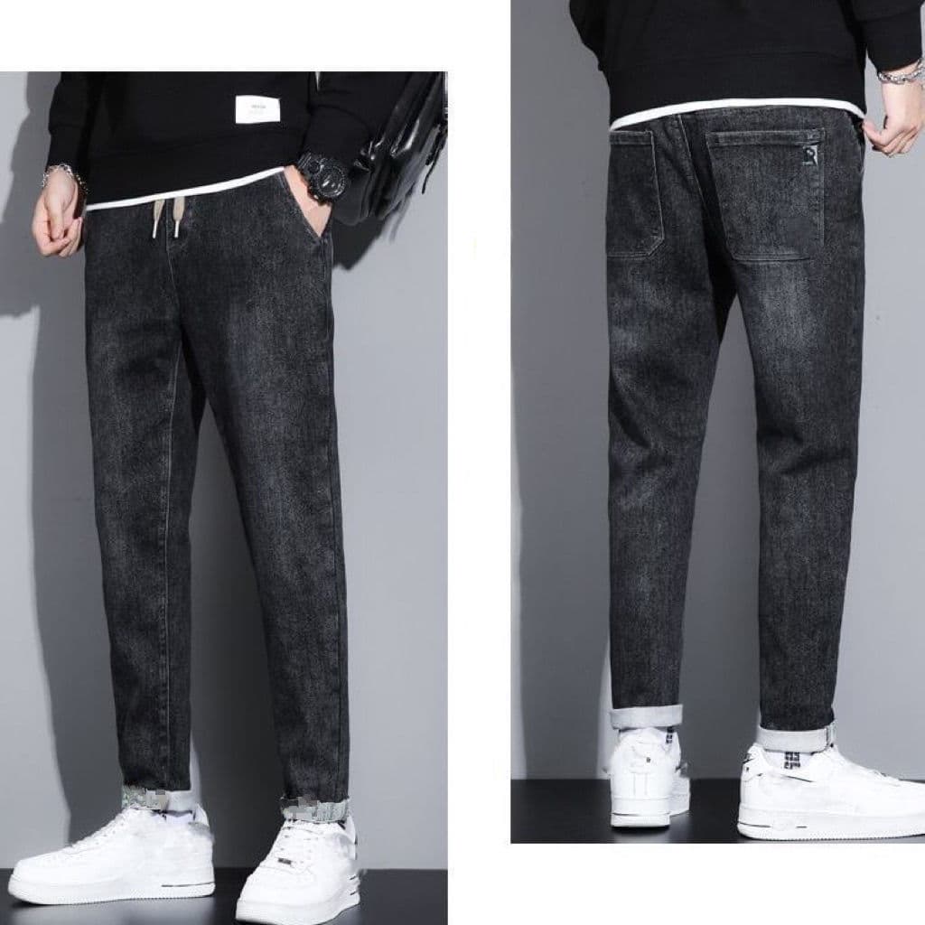 Men's summer pants new style jeans, stretch harem elastic waist pants, trendy straight-leg versatile trousers, smoke gray.