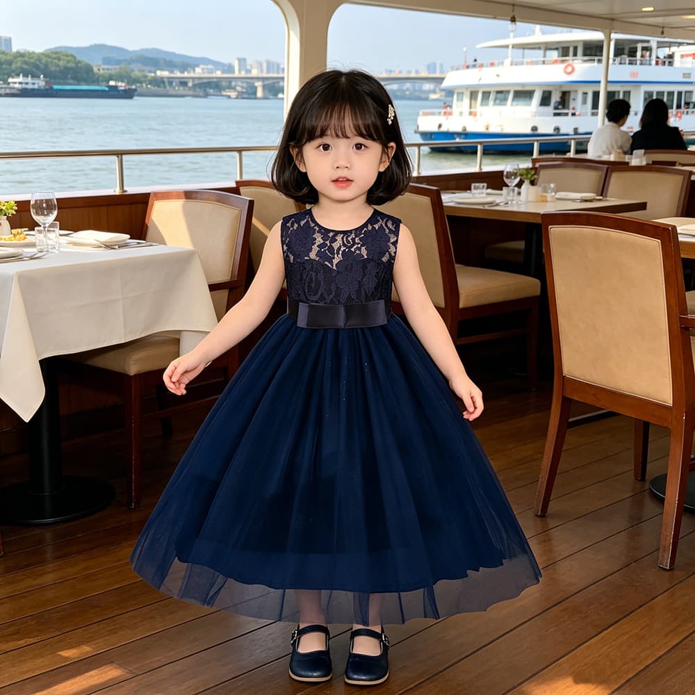 European and American Style Children's Sleeveless Lace Wedding Dress Long Gown for Girls Piano Performance Host Evening Dress in Stock