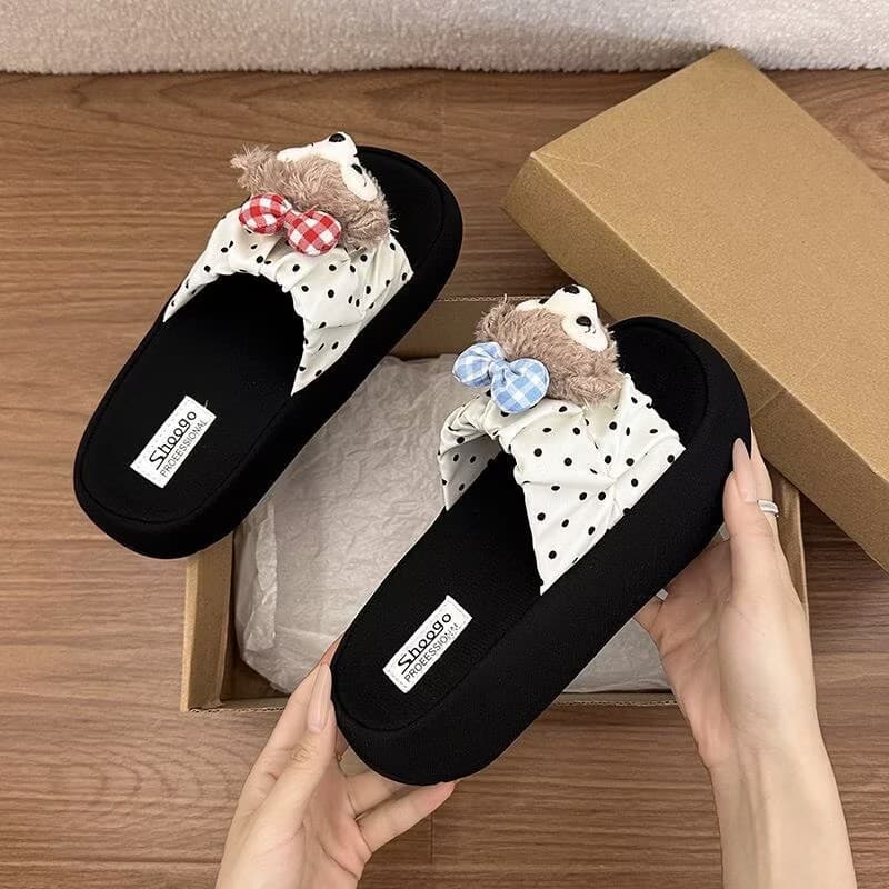 Polka Dot Ruched Design Cute Cartoon Slip-On Sandals for Women 2026 Summer Outdoor Thick-Soled Non-Slip Versatile Casual Slippers