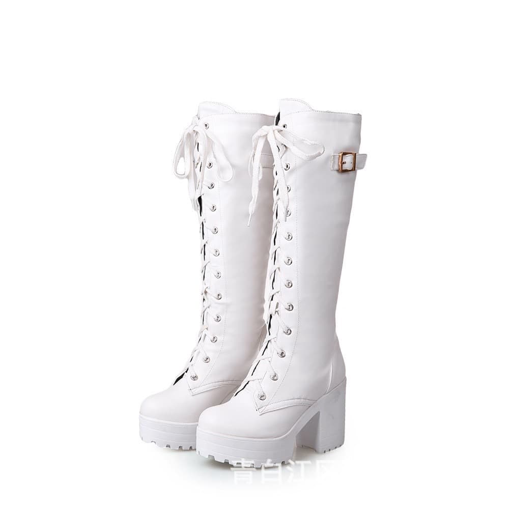 Women's Chunky Heel High Boots, Platform High Heel Long Boots, Lace-up Plus Size Boots, Warm Ultra High Heel Thick Sole