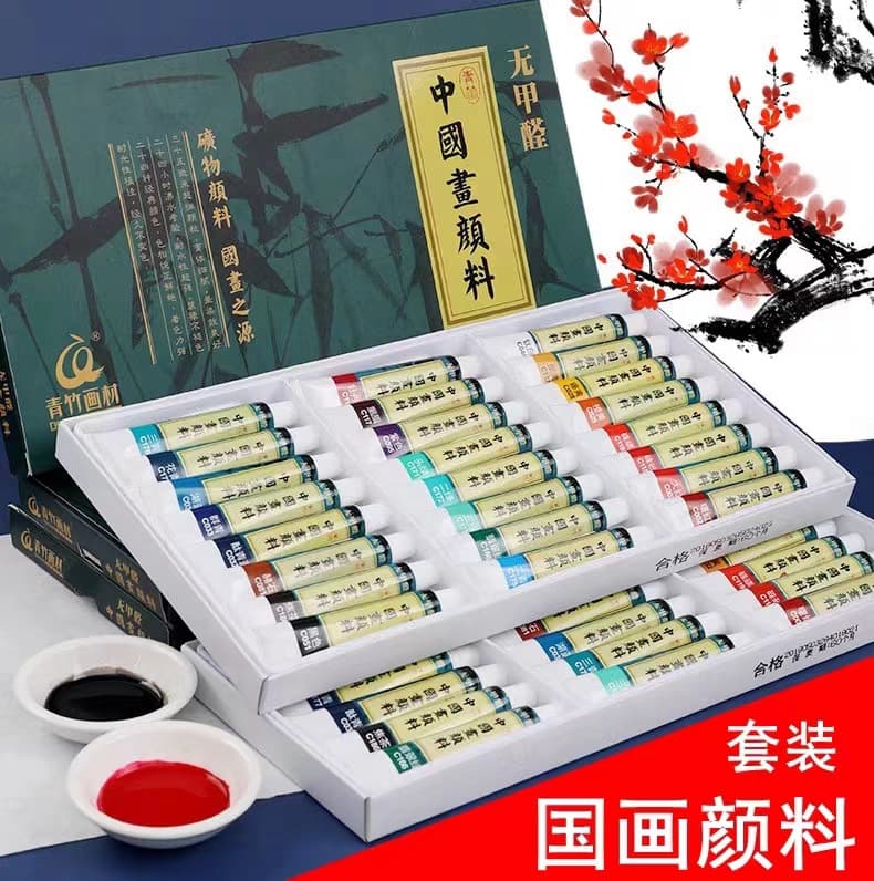 Qingzhu Brand Chinese Painting Pigment 12-Color Ink Painting Beginner Tool Set Professional Meticulous Painting Materials for Primary School Students