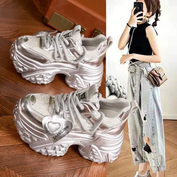 Thick-soled Dad Sneakers for Women 2025 Autumn New Rhinestone Versatile Street Style Casual Sports Shoes with Hidden Height Increase