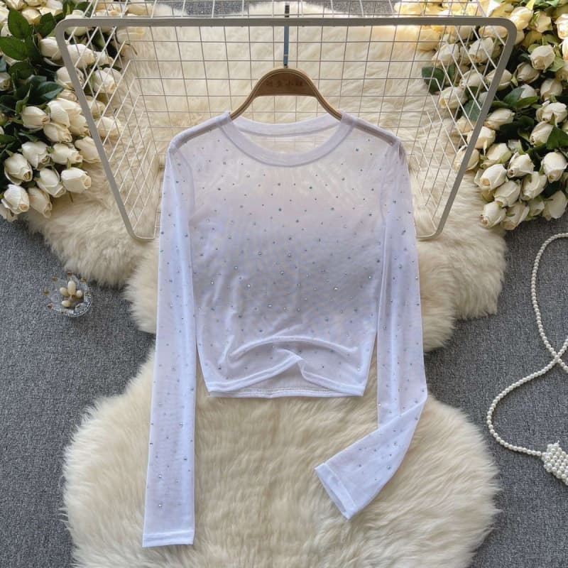 European and American Long Sleeve Sequin Mesh Top for Women, Unique Pure Desire Hot Sexy See-Through Inner Layering Base Shirt