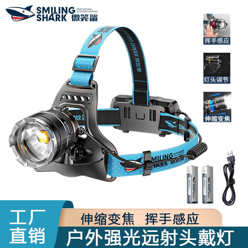 Cross-border outdoor multi-functional induction headlamp, camping and night fishing USB rechargeable head-worn light with strong beam and long-range LED