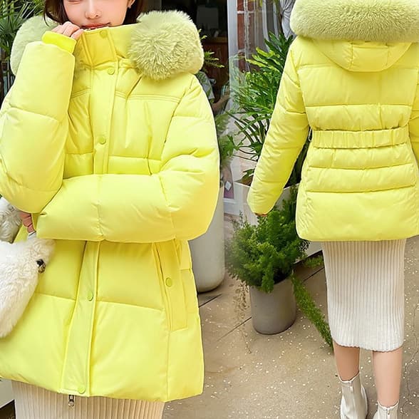 New Women's Mid-Length Cotton Padded Coat Winter Thick Outerwear with Fur Collar, European Black