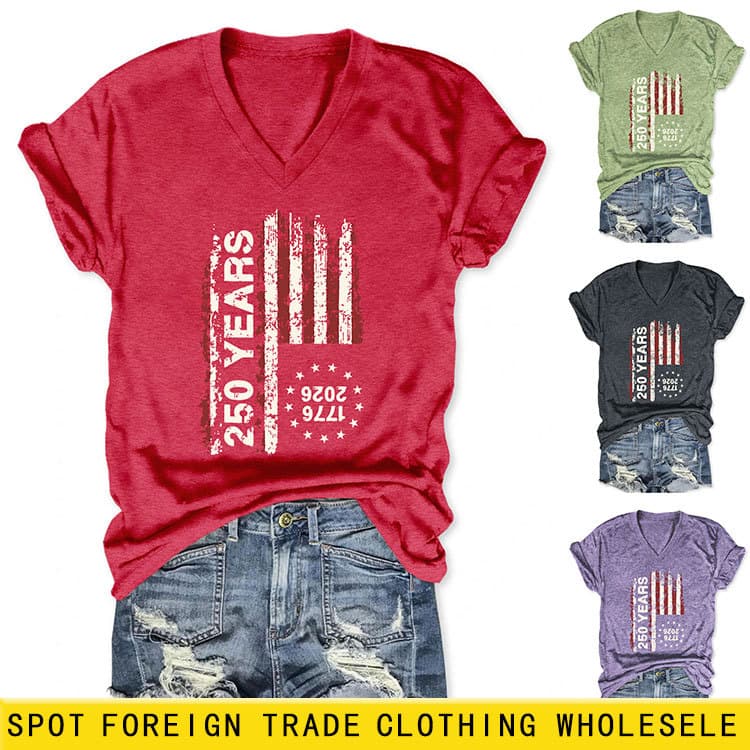 Amazon eBay Independent Site Fashion Versatile Personality Women 1776 2026 250 Years Short Sleeve V-Neck T-Shirt