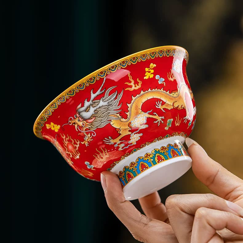 Ethnic Tibetan-Style Double Dragon Playing with Pearl Pomegranate Bowl Jingdezhen Enamel New Ceramic Dragon Pattern Chinese Style Butter Tea Bowl