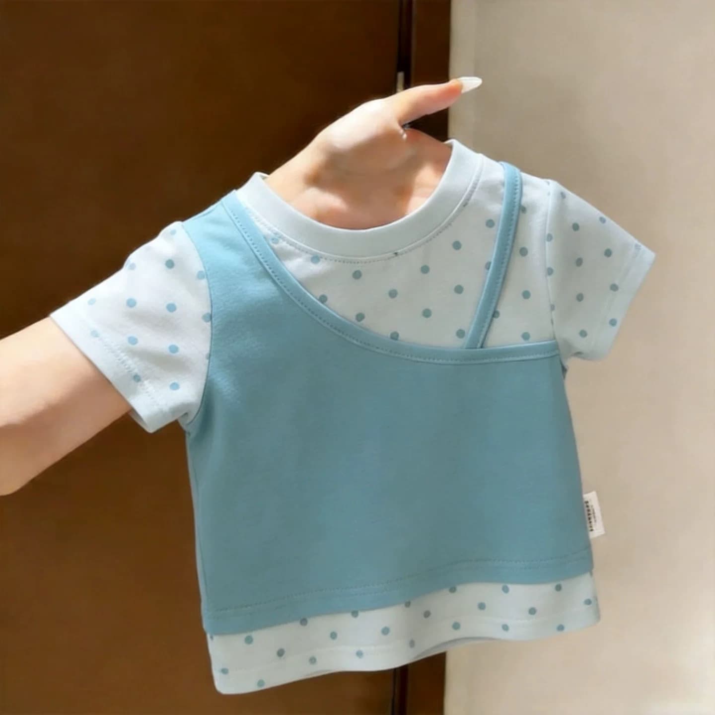 Girls short-sleeved summer polka dot fake two-piece T-shirt baby girl dopamine fashionable round neck half-sleeved top cotton t cross-border