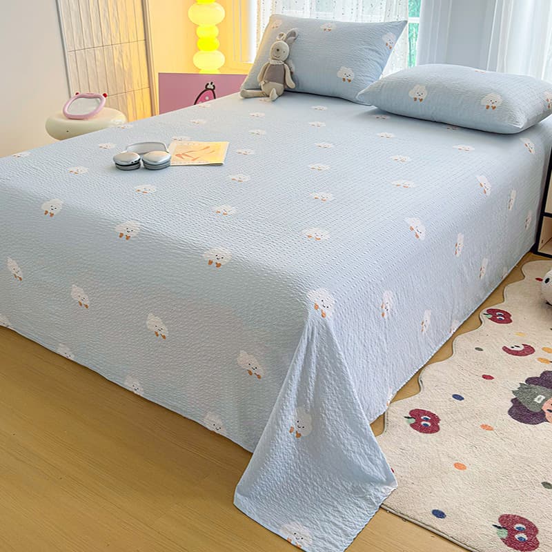 Cartoon puff cotton bed sheet three-piece set for home bedroom wrinkled gauze sheet student dormitory single bed sheet universal for all seasons