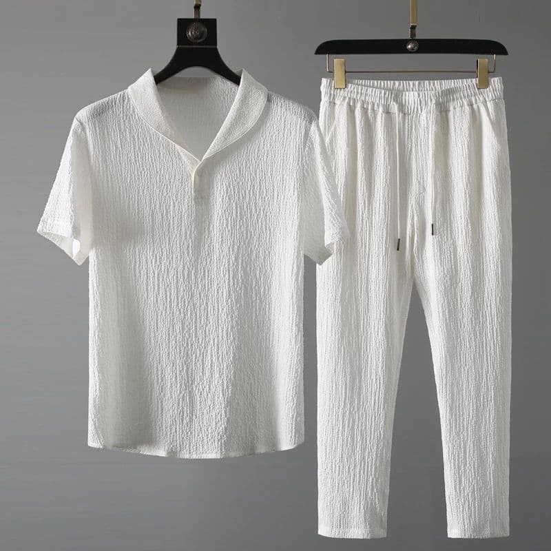 2026 Summer New Set Trendy Set Men's Lightweight Versatile Short Sleeve Long Pants Fashion Casual Light Luxury Sports