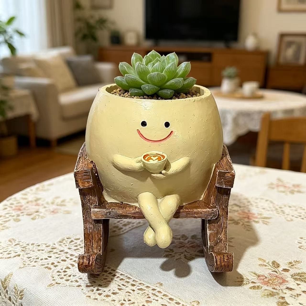 Cross-border Green Plant Flower Pot Gardening Vase Cartoon Coffee Creative Figurine Resin Ornament Outdoor Succulent Pot
