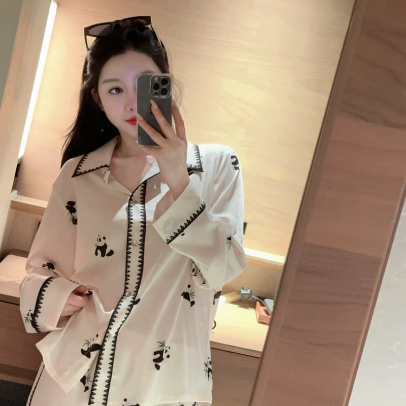 WY001【Pointed Collar Panda】New Spring Shirt with Panda Cartoon Print, Cute Long Sleeve