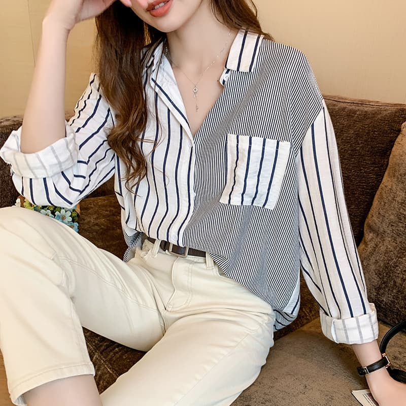 Korean Style Spring/Autumn Long Sleeve Casual Women's Shirt Vertical Stripes Loose Cotton Linen Color Block Artistic Turn-down Collar