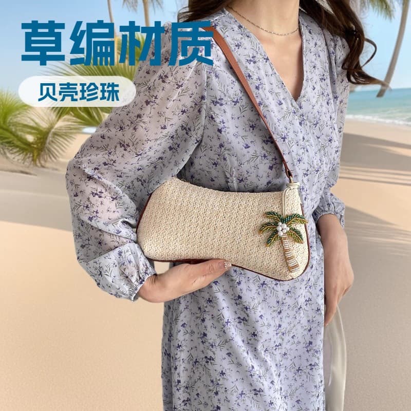 2026 New Straw Woven Underarm Bag for Women, Simple Solid Color Knitted Shoulder Bag, Korean Ins Style Vacation Baguette Bag