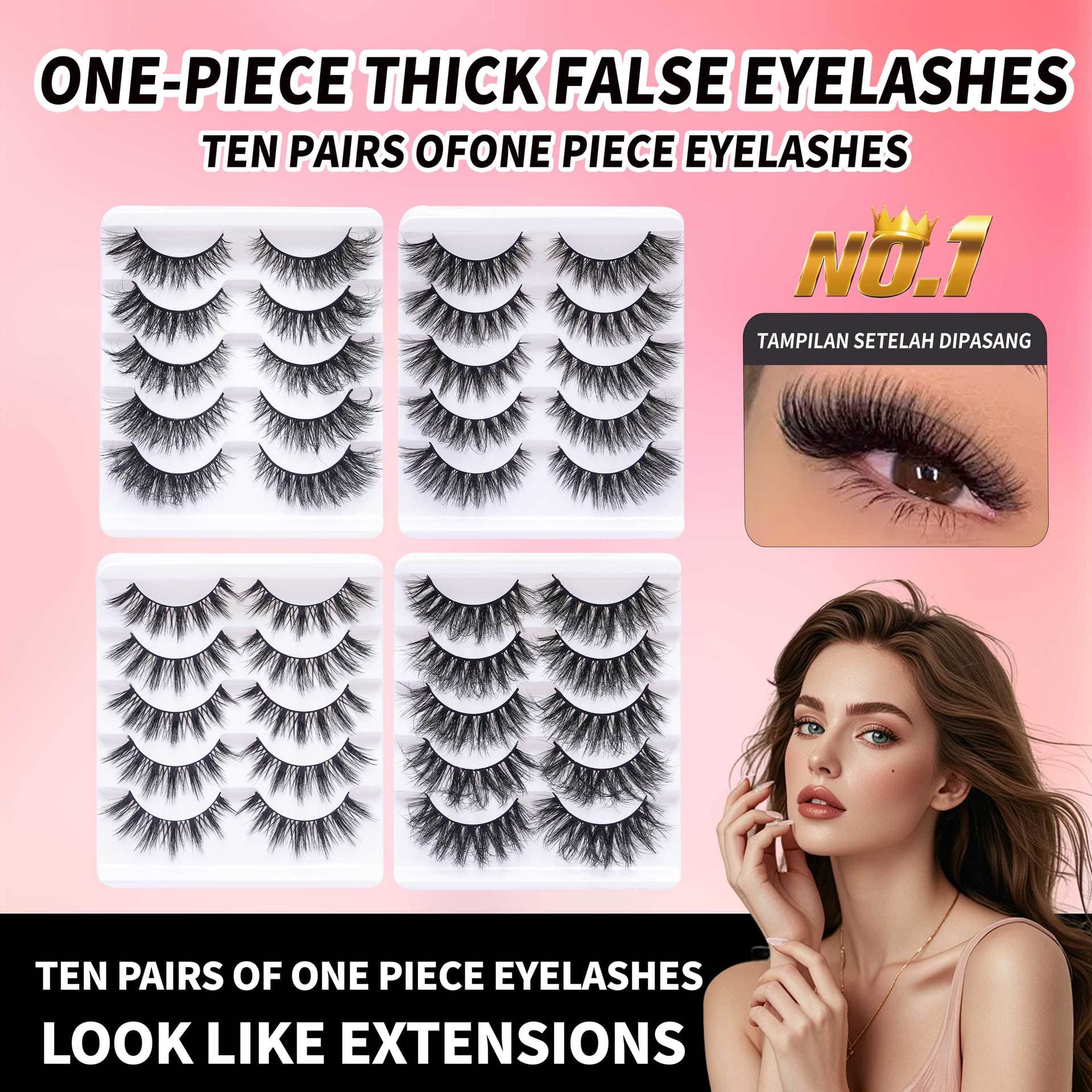 5-Pair Natural Curled False Eyelashes, D-Curve Black Band, Thick and Voluminous, Natural Look