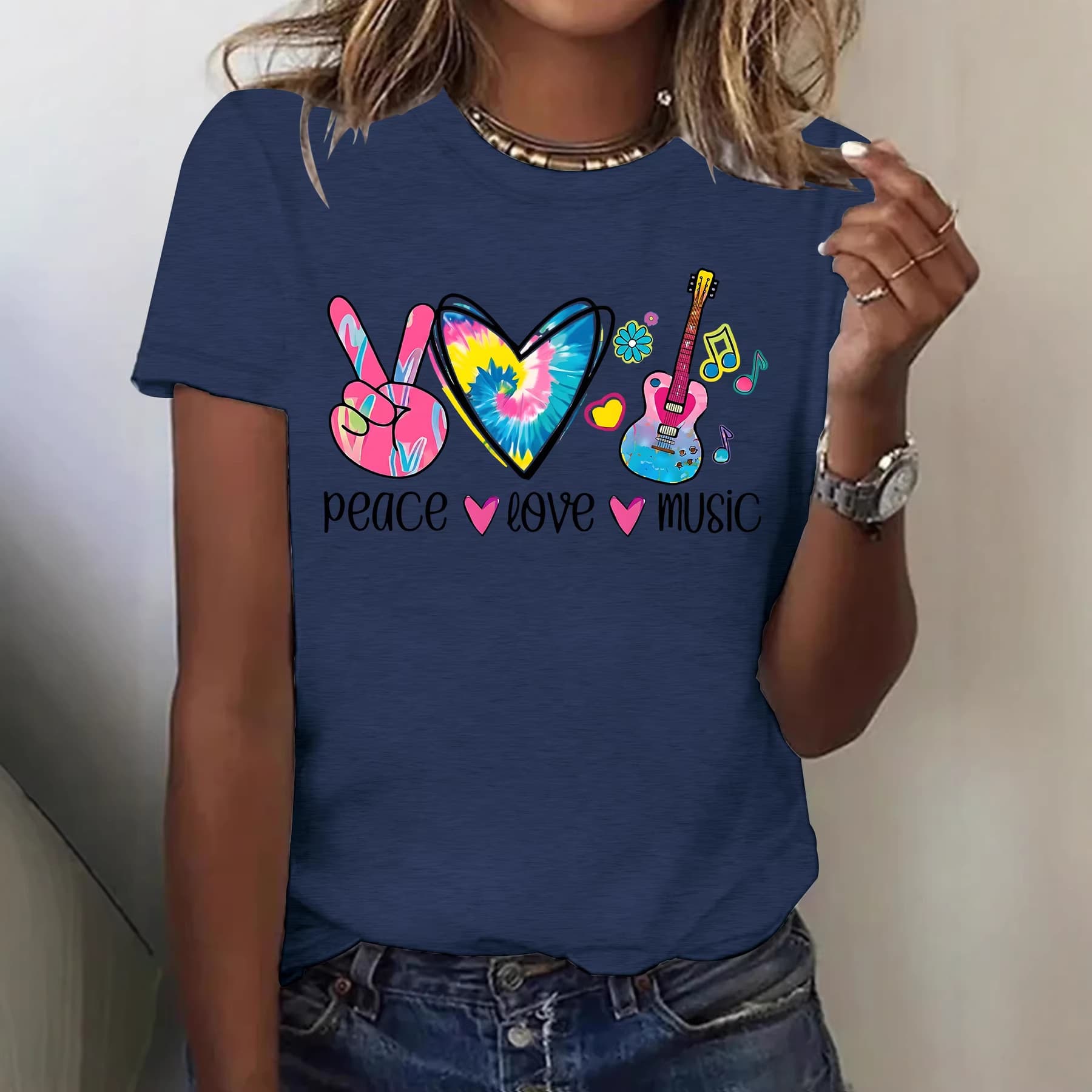 European and American Style In-Stock Round-Neck Short-Sleeve Women's T-Shirt with Peace, Love, and Music Prints, Summer Comfortable T-Shirt, Cross-Border Hot Sale