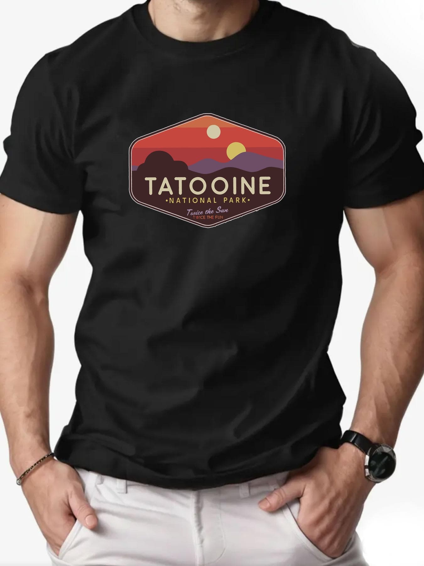Men's Tatooine National Park graphic summer t-shirt, bright yellow casual short sleeve top with sunset